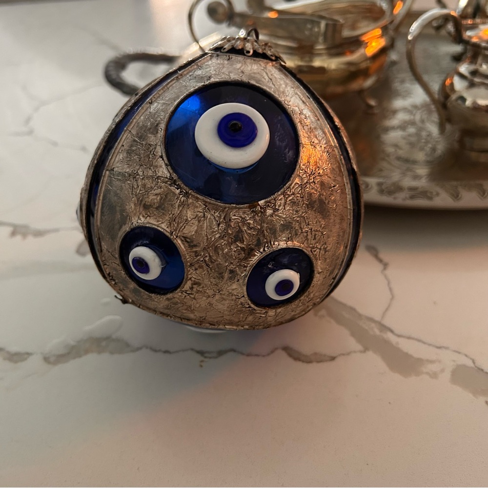 Silver-Tone Evil Eye Pendant with Blue Glass Accents